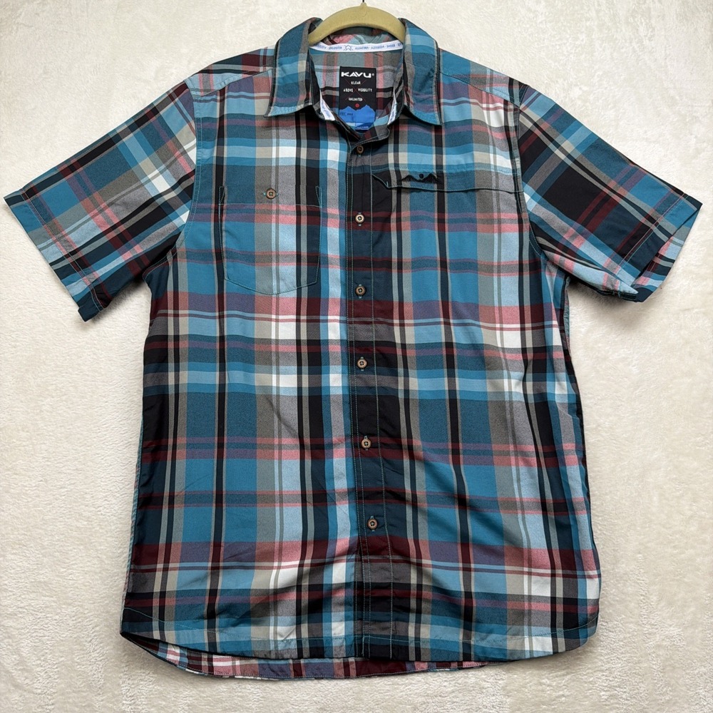 KAVU Plaid Button Up Shirt Men's M Outdoor Hiking Adventure Short Sleeve